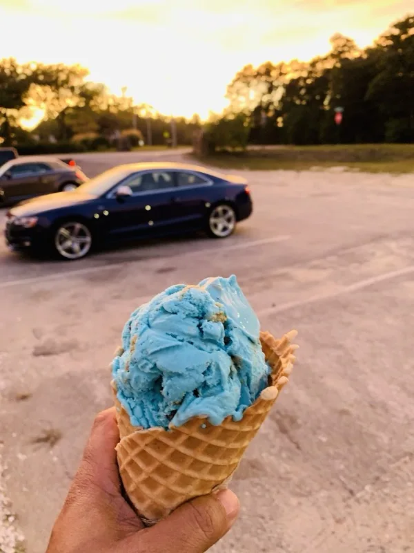 Guest holding a scoop of Polar Cave ice cream in a waffle cone